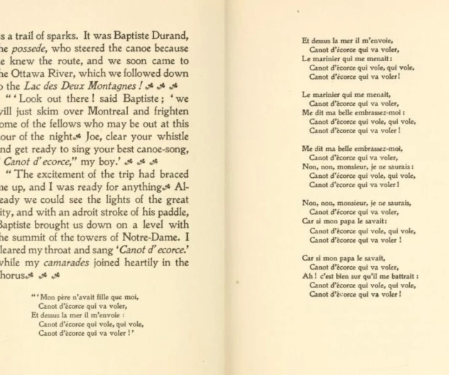 Song reads: **Mon père n'avait fille que moi, Canot d'écorce qui va voler, Et dessus la mer il m'envole : Canot d'écorce qui vole, qui vole, Canot d'écorce qui va voler !' Et dessus la mer il m'envoie, Canot d'écorce qui va voler, Le marinier qui me menait: Canot d'écorce qui vole, qui vole, Canot d'écorce qui va voler! Le marinier qui me menait, Canot d'écorce qui va voler, Me dit ma belle embrassez-moi : Canot d'écorce qui vole, qui vole, Canot d'écorce qui va voler ! Me dit ma belle embrassez-moi, Canot d'écorce qui va voler, Non, non, monsieur, je ne saurais: Canot d'écorce qui vole, qui vole, Canot d'écorce qui va voler 1 Non, non, monsieur, je ne saurais, Canot d'écorce qui va voler, Car si mon papa le savait: Canot d'écorce qui vole, qui vole, Canot d'écorce qui va voler ! Car si mon papa le savait, Canot d'écorce qui va voler, Ah 1 d'est bien sur qu'il me battrait: Canot d'écorce qui vole, qui vole, Canot d'écorce qui va voler!